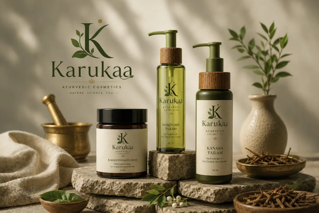 The three Karukaa Ayurvedic cosmetic formulations — Rakshoghnadi Lepam, Manjistadi Tailam, and Kanaka Tailam