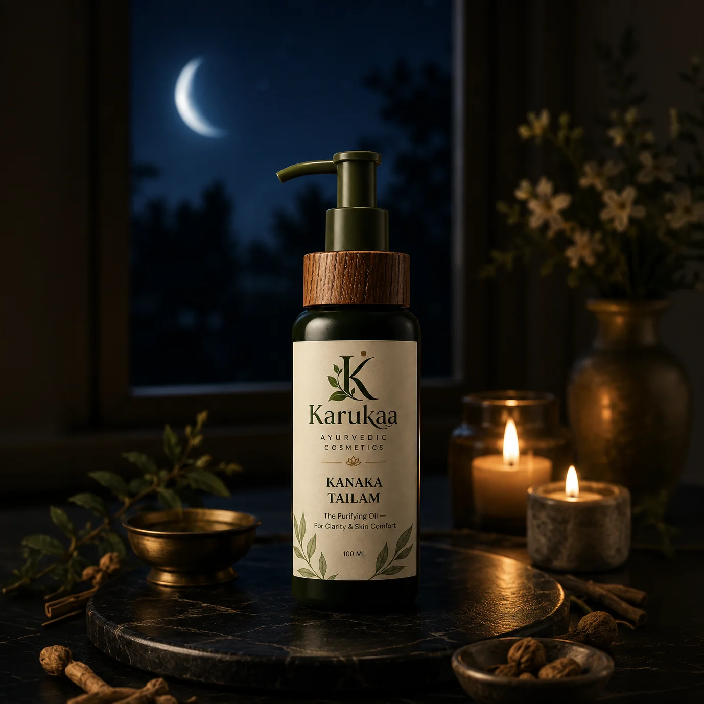 Kanaka Tailam in a quiet moonlit Ayurvedic ritual setting