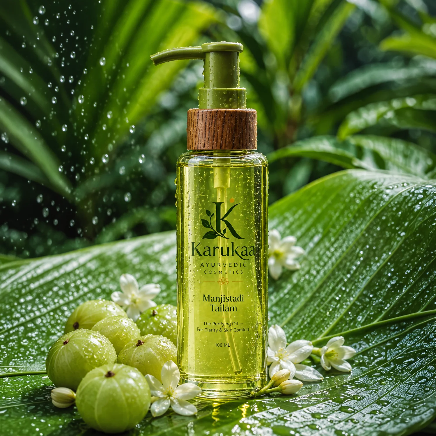 Manjistadi Tailam surrounded by rain-fresh leaves, amla, and blossoms