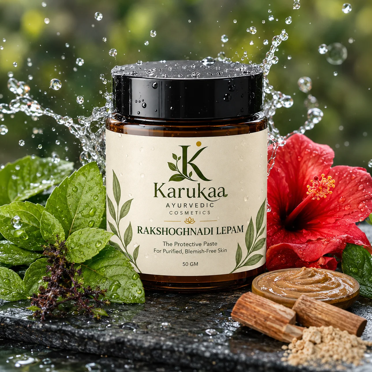 Rakshoghnadi Lepam with hibiscus, medicinal leaves, and herbal paste